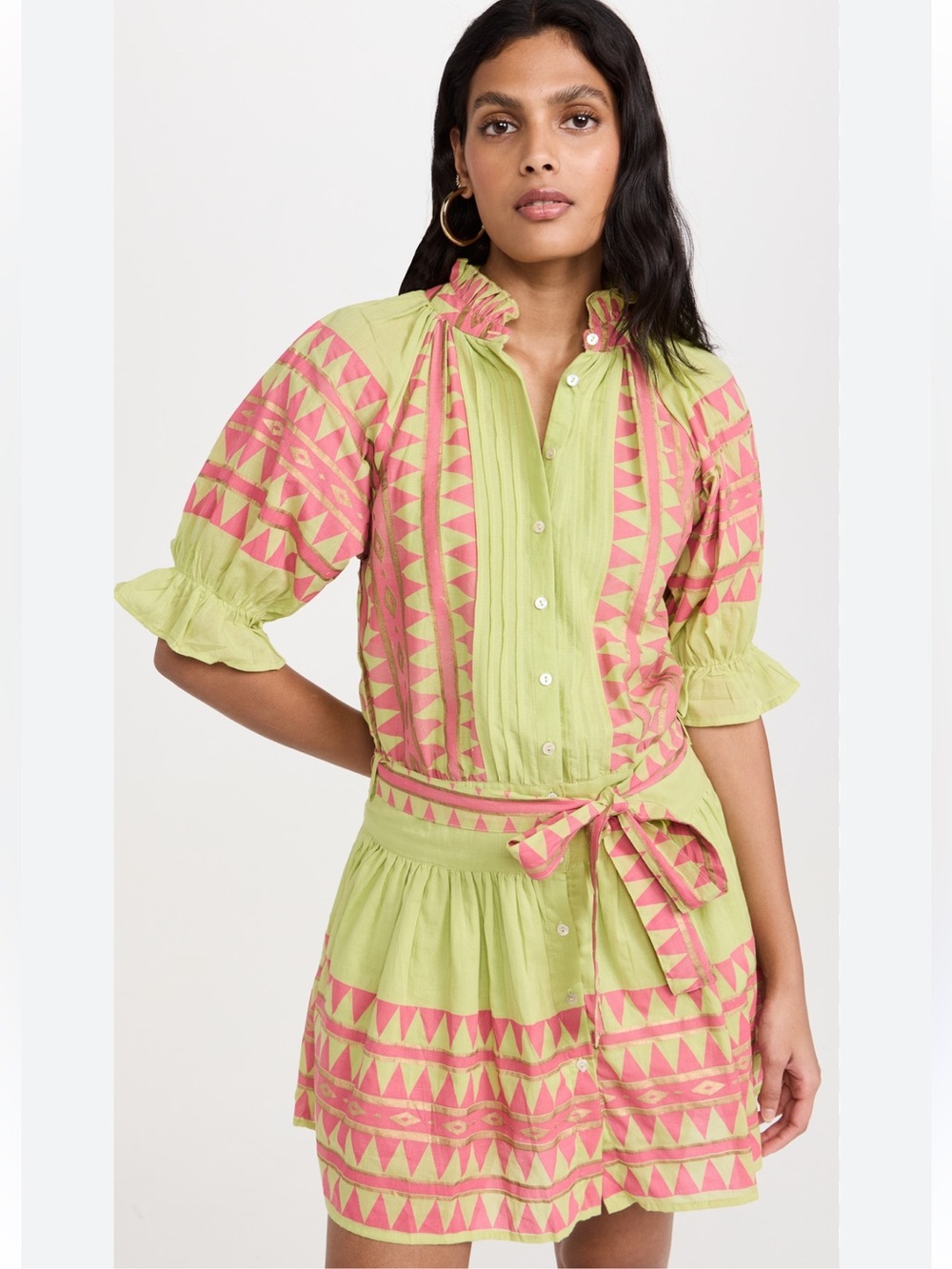 Tie-Waist Mini Dress in Lime and Pink Geometric Print